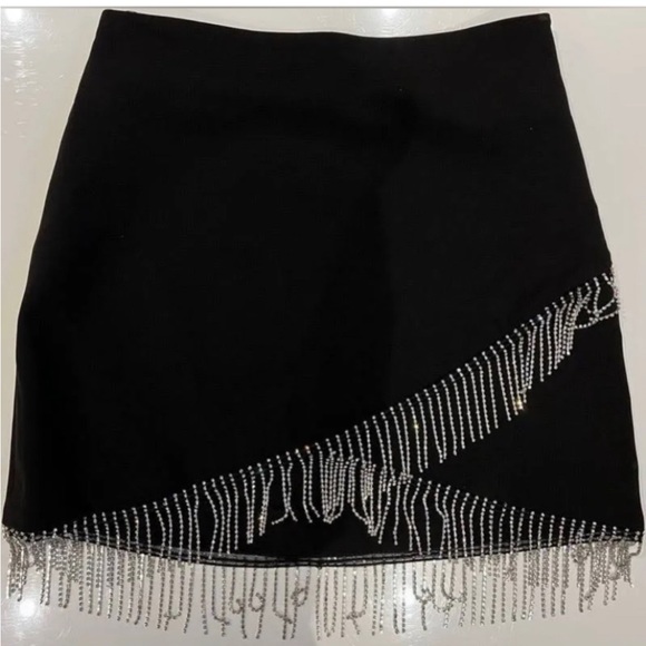 NWT Zara black mini skirt with silver rhinestone fringe detail - Picture 5 of 9